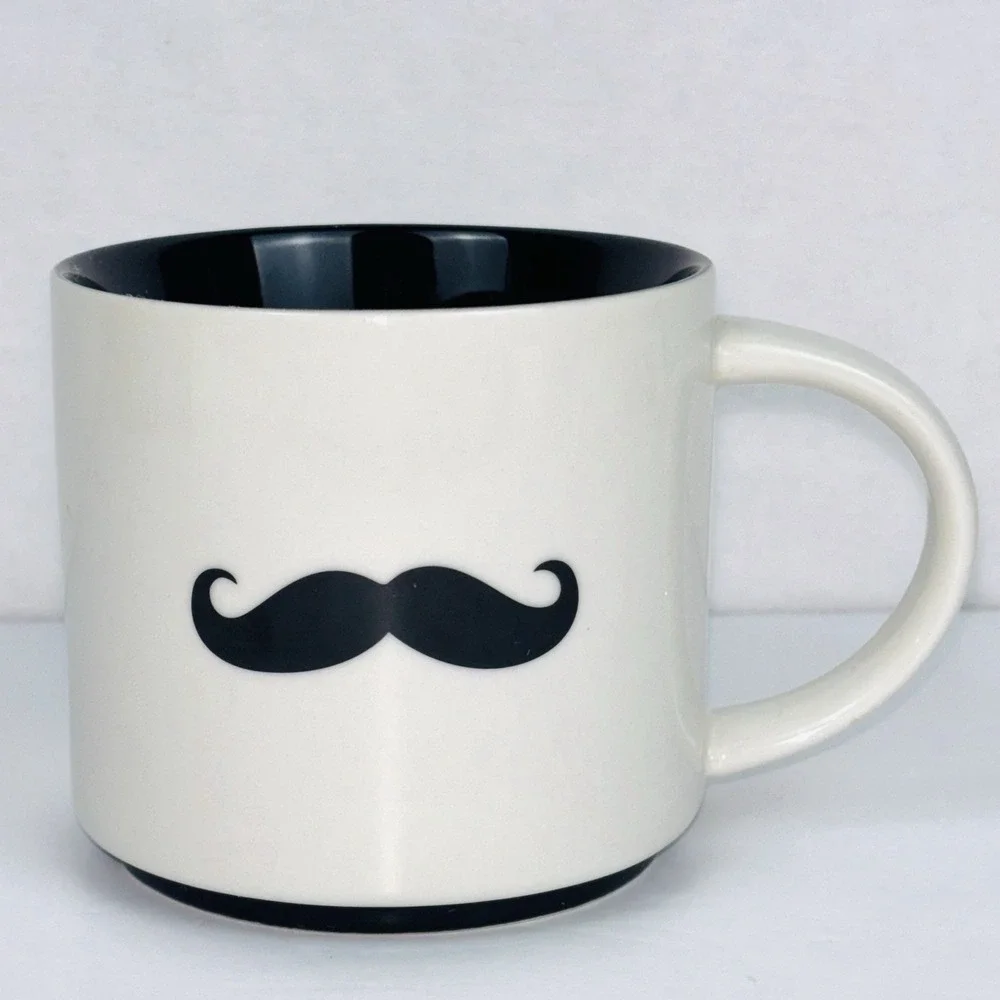 Pier 1 Imports Mustache Coffee Mug Black Ivory White Stoneware Novelty 16 oz